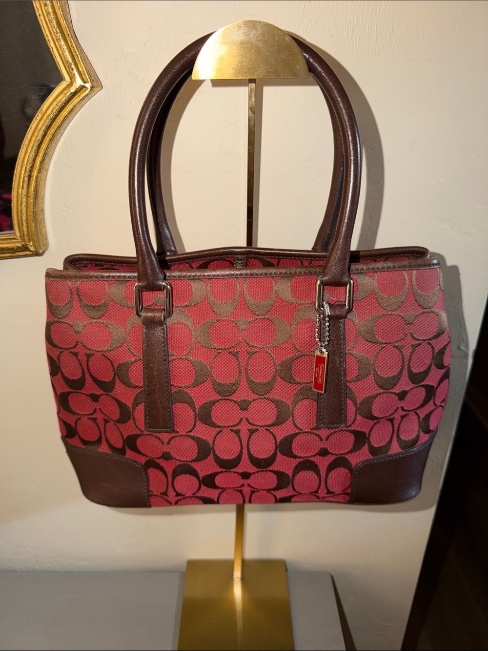 Coach Pink and Brown Signature Canvas Tote